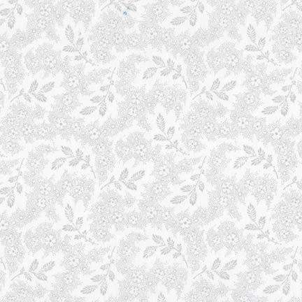 Whisper Prints 3 by Robert Kaufman 15870-304 Shadow sold Grey Leaves and Twigs on White by the 1/2 yd.