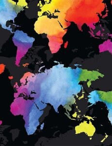 Multi-colored world Map by Timeless Treasures C8330 Sold by the 1/2 yd.