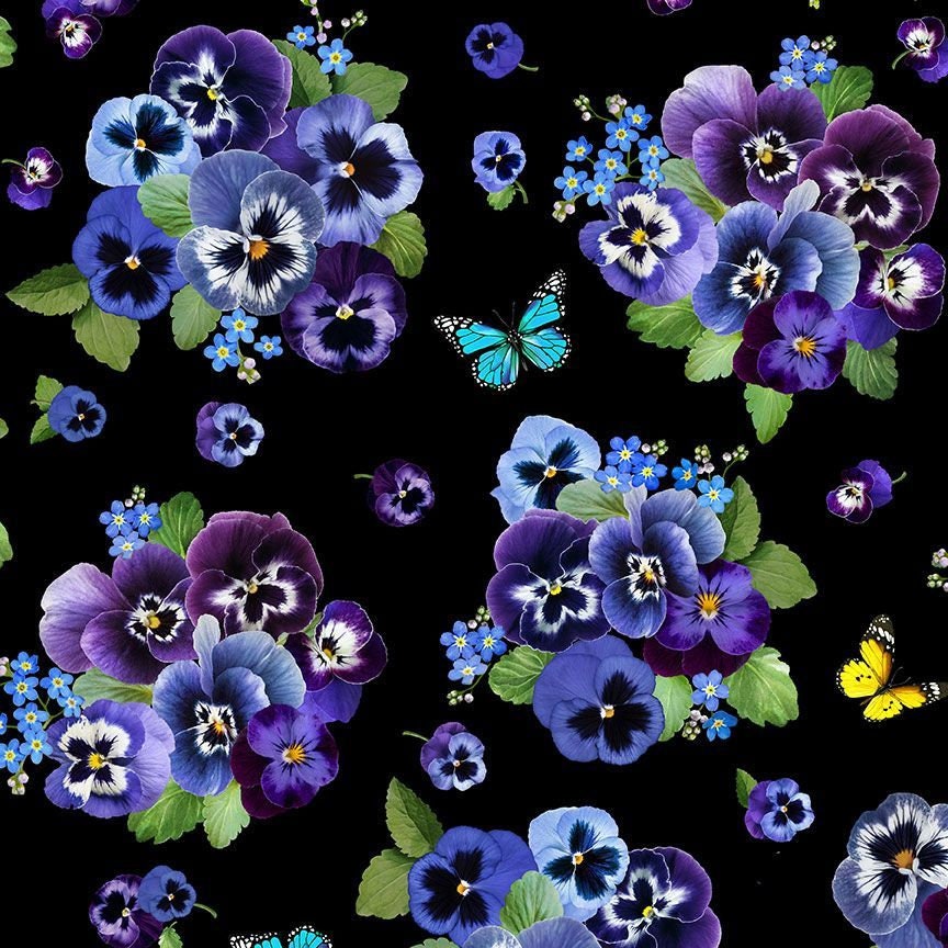 Pansy Paradise Large Floral by Timeless Treasures CD 1892 Black sold by the 1/2 yd.