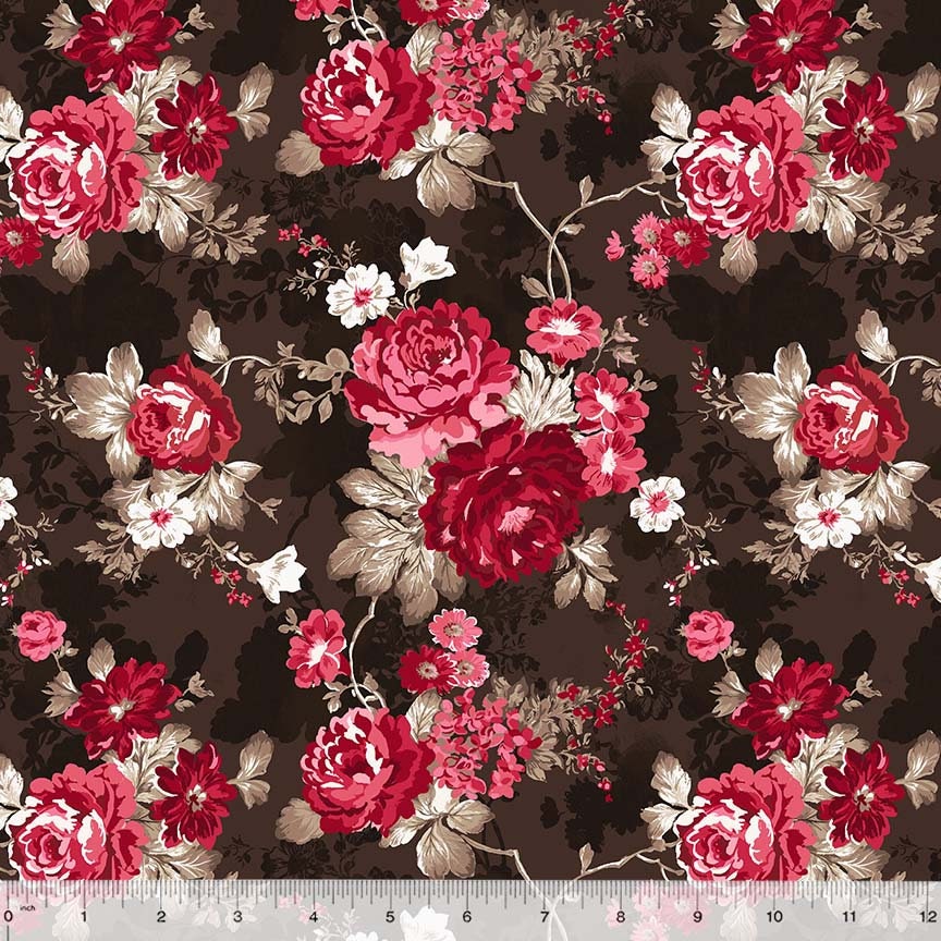 Rory by Whistler Studios for Windham Fabrics 53712-1 Rouge Garden Cocoa  sold by the 1/2 yd.