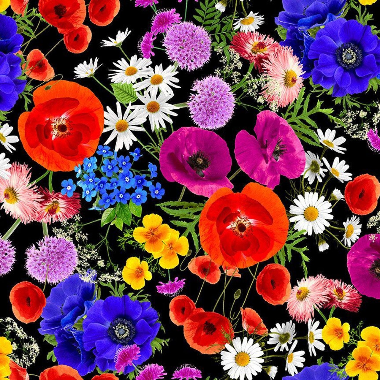 Floral Forest Colorful Brights  by Chong-a Hwang for Timeless Treasures CD 1821 Black one yard remnant