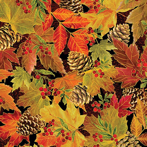 Harvest Festival by Greta Lynn for Benartex 14037M-12 Harvest Leaves Black sold by the 1/2 yd.