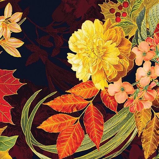 Harvest Festival by Greta Lynn for Benartex 14040M-12 Large Floral Black sold by the 1/2 yd.