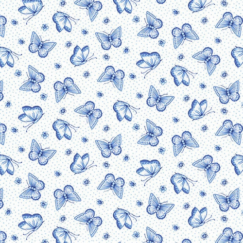 Annablue by Satin Moon Designs for Blank Quilting 2758-01 White/blue Butterflies one yard remnant