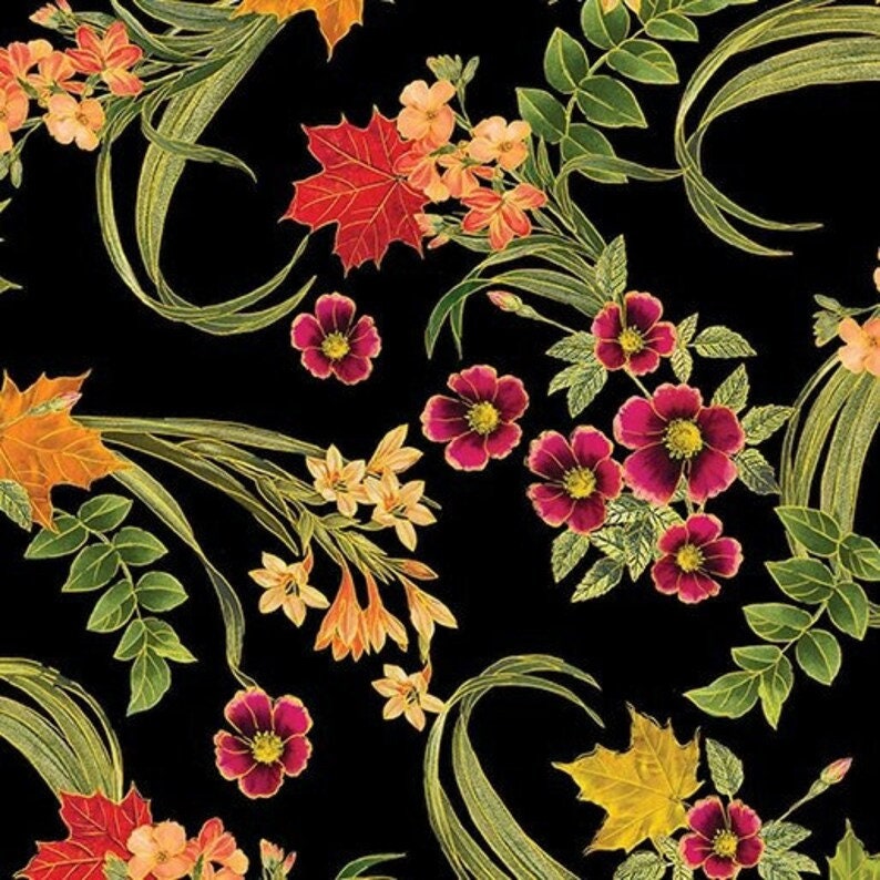 Harvest Festival by Greta Lynn for Benartex 14040M-12 Harvest Garden Black sold by the 1/2 yd.