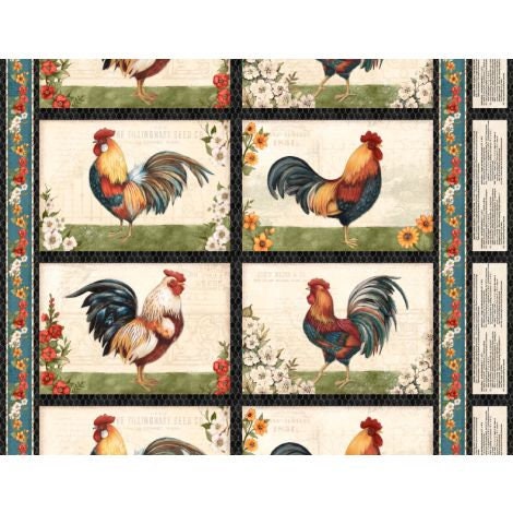 Garden Gate Roosters by Susan Winget for Wilmington Prints 39810-194 Placemat Multi 4 Blocks per Panel