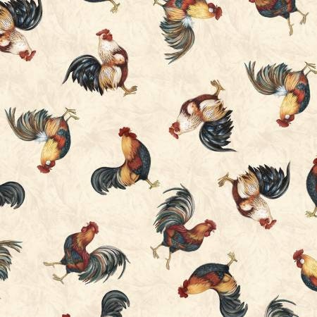Garden Gate Roosters by Susan Winget for Wilmington Prints 39813-193 Tossed Chickens Cream sold by 1/2 yd.