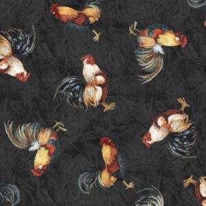 Garden Gate Roosters by Susan Winget for Wilmington Prints 39813-993 Chicken All Over Black sold by 1/2 yd.