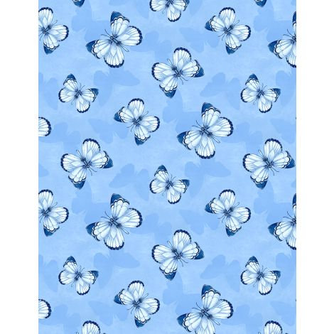Blooming Blue Butterfly Toss by Wilmington Prints 27691-444 Med. Blue sold by the 1/2 yd.