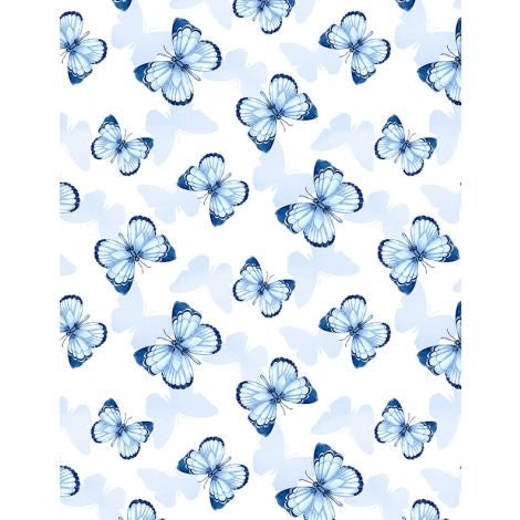 Blooming Blue Butterfly Toss by Wilmington Prints 27691-144 White sold by the 1/2 yd.