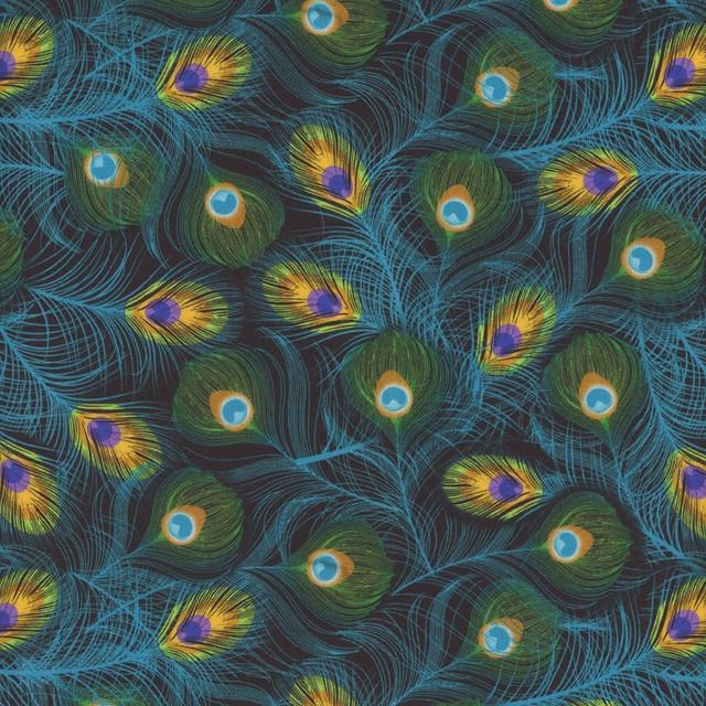 Mardi Gras Parade Tossed Peacock Feathers by Timeless Treasures 2635 Black sold by the 1/2 yd.