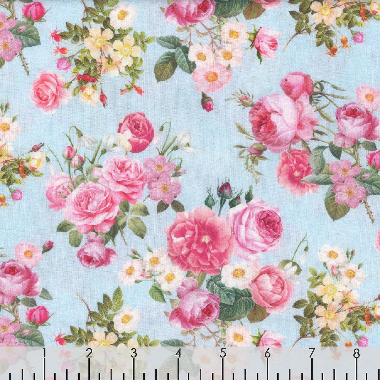 Belle Fleur Floral Bouquet by Timeless Treasures CD3005 Blue sold by the 1/2 yd.