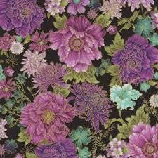 Shizuka by Chong-a Hwang for Timeless Treasures FLEUR CM3163 Black sold by the 1/2 yd.