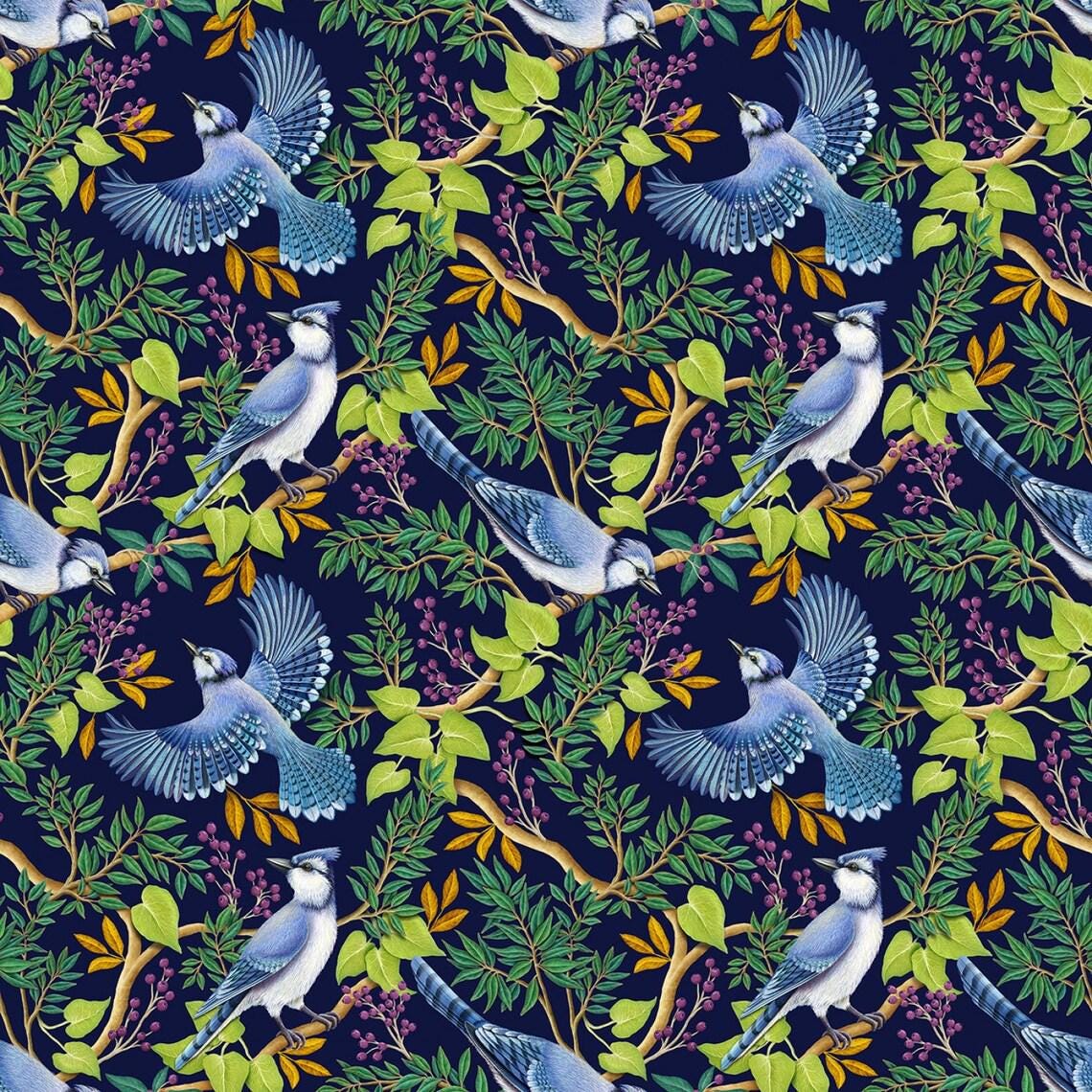 Blue Jays in Trees by Rosie Dore for Timeless Treasures 2276 Navy sold by the 1/2 yd.