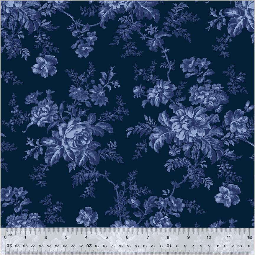 Jasper Blue Flower Picking  Hedge by Whistler Studios for Windham Fabrics 54367-2 Indigo sold by the 1/2 yd.