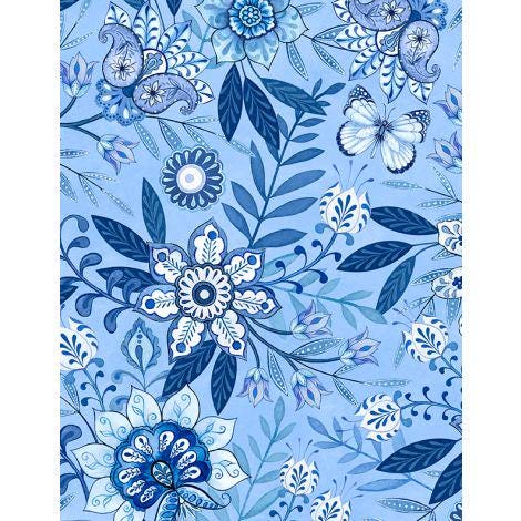 Blooming Blue Large Floral by Wilmington Prints 27689-440 All over Medium Blue one yard 33" remnant