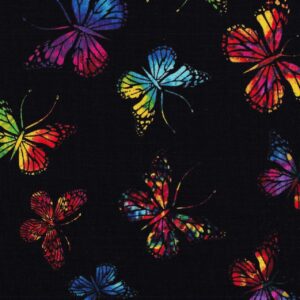 Vibrant Butterflies on Black by High Fashion Fabrics for Timeless Treasures 1866-4250 sold by the 1/2 yd.