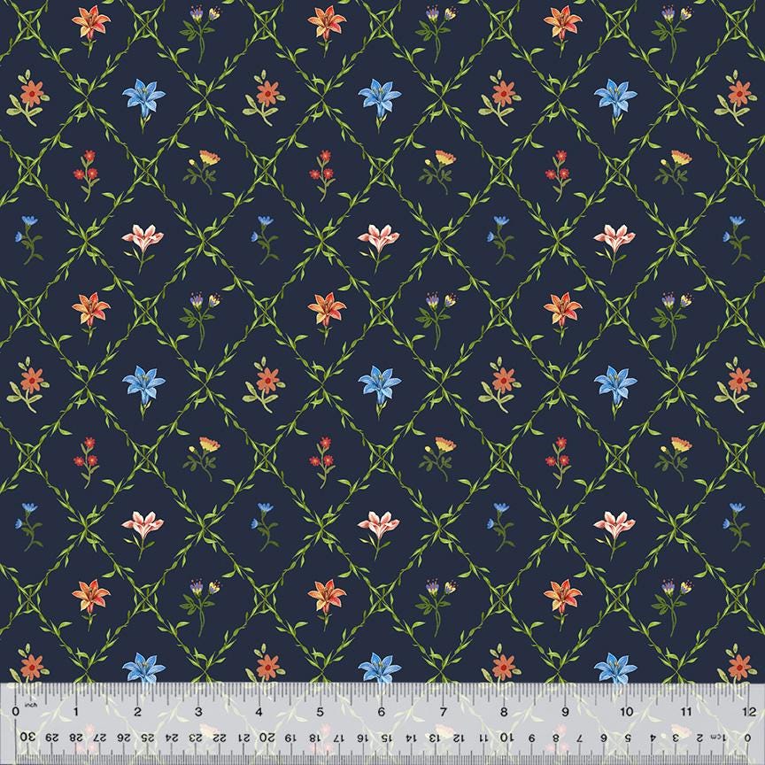 Lily Lattice Garden by Whistler Studios for Windham Fabrics 54556-5 Navy sold by the 1/2 yd.