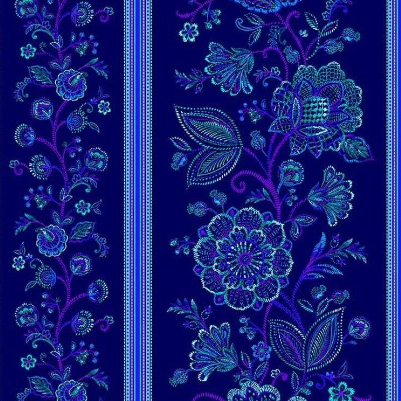 Indigo Garden Border Stripe by Timeless Treasures CD3412 Sapphire sold by the 1/2 yd.