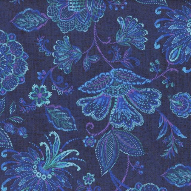 Indigo Garden Large Jacobean Floral by Timeless Treasures CD3411 Navy sold by the 1/2 yd.