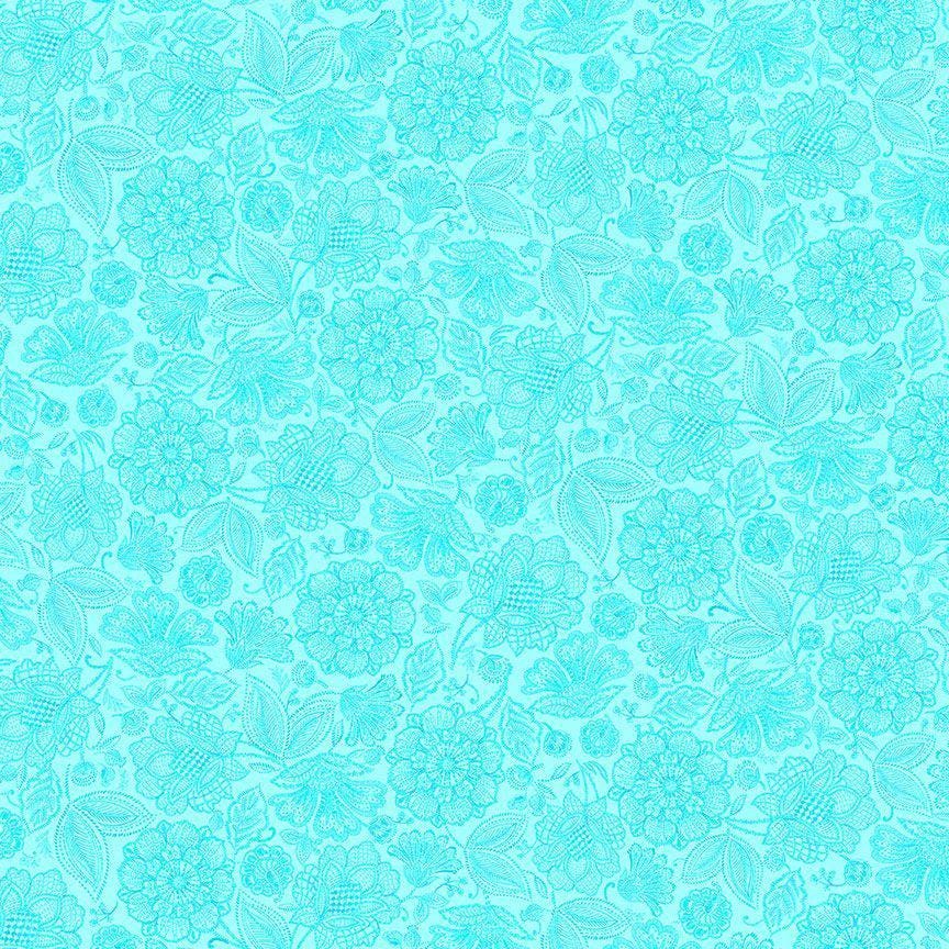 Indigo Garden Packed Jacobean Toile by Timeless Treasures CD3414 Aqua sold by the 1/2 yd.