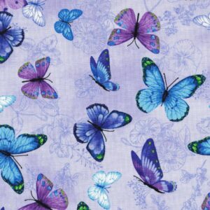 Butterflies by High Fashion Fabrics for Timeless Treasures 1933-2055 Blue/Purple sold by the 1/2 yd.