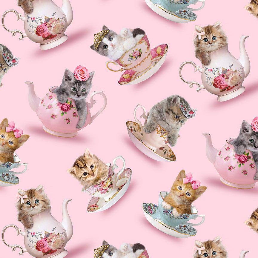 Teacup Kitty by Timeless Treasures CAT-CD3578 Pink sold by the 1/2 yd.