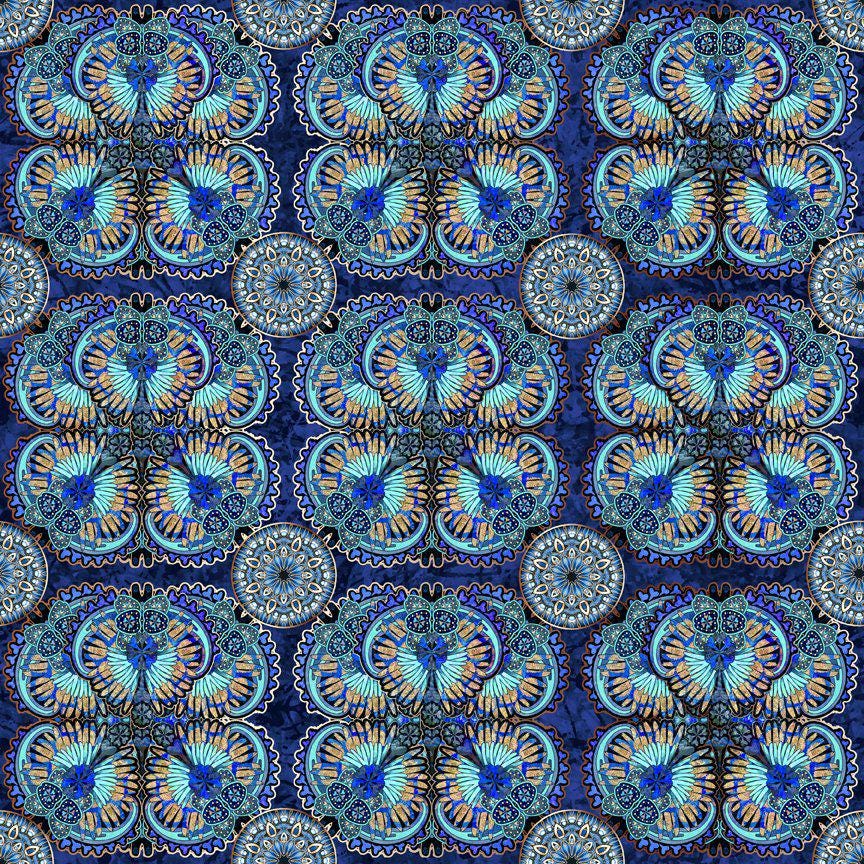 Pharaoh Medallion Toss by Dan Morris for Q.T. Fabrics 29743Y Blue sold by the 1/2 yd.