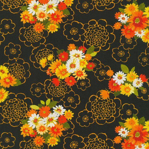 Cascading Flowers by Debbie Beaves for Robert Kaufman Fabrics 21865-2 Black sold by the 1/2 yd.