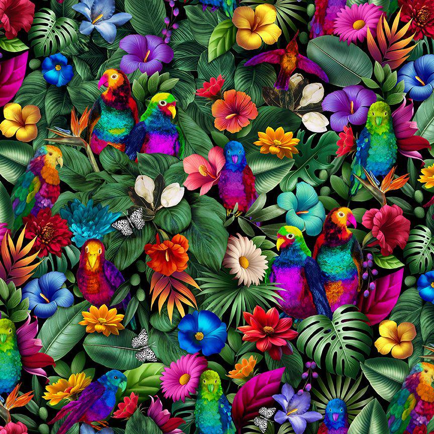 Tropical Floral and Birds by Timeless Treasures CD 3744 Forest sold by the 1/2 yd.