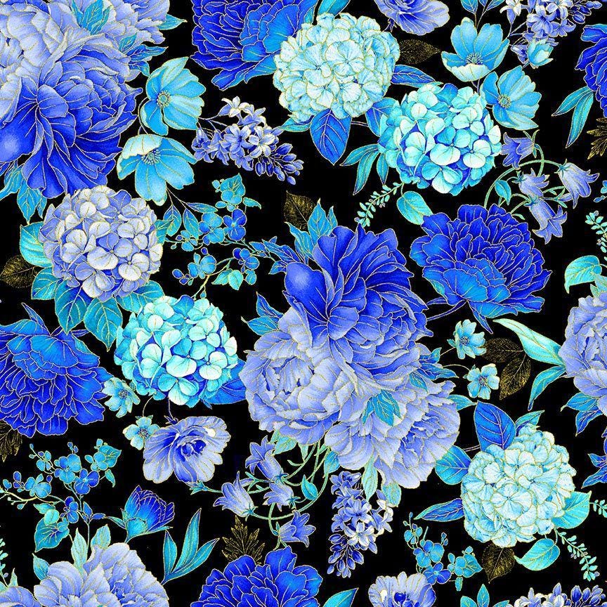 Escapade Floral Metallic Bouquet by Chong-a Hwang for Timeless Treasures CM 3793 Black sold by the 1/2 yd.