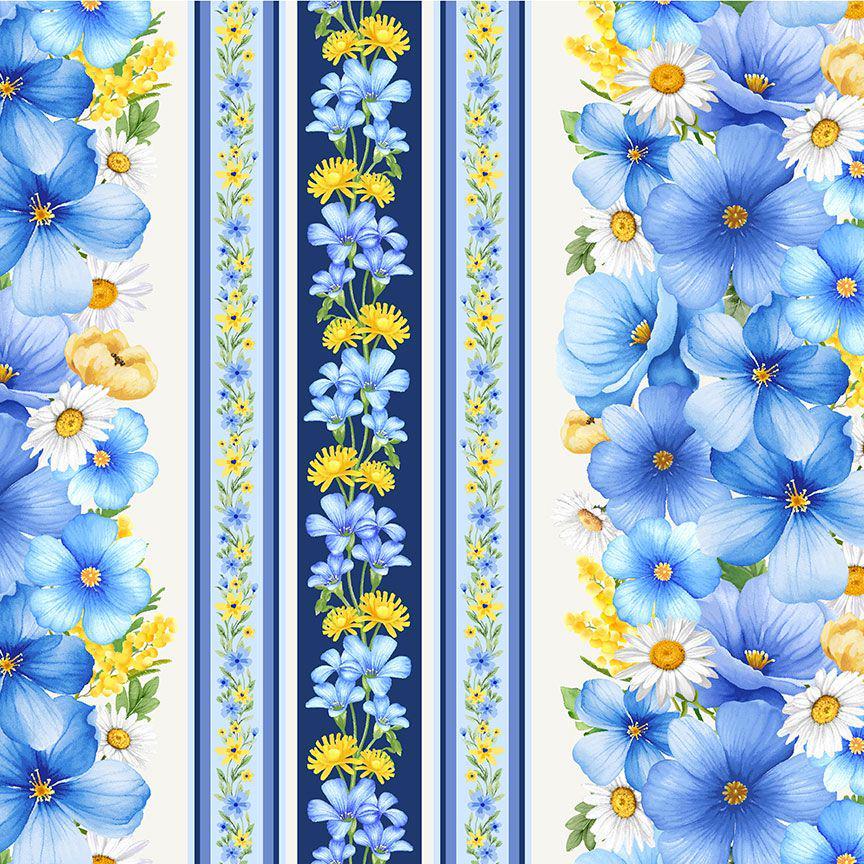 Bee Floral Border Stripe by Timeless Treasures FLEUR-CD3257 Blue sold by the 1/2 yd.