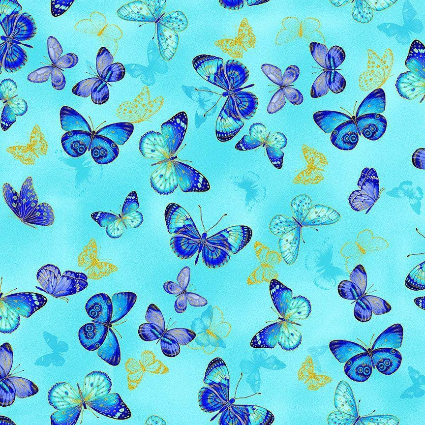 Escapade Flying Metallic Butterflies by Chong-a Hwang for Timeless Treasures CM3796 Aqua sold by the 1/2 yd.