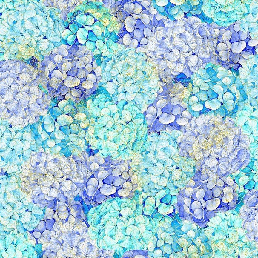 Escapade Packed Metallic Hydrangeas by Chong-a Hwang for Timeless Treasures CM3794 Blue sold by the 1/2 yd.