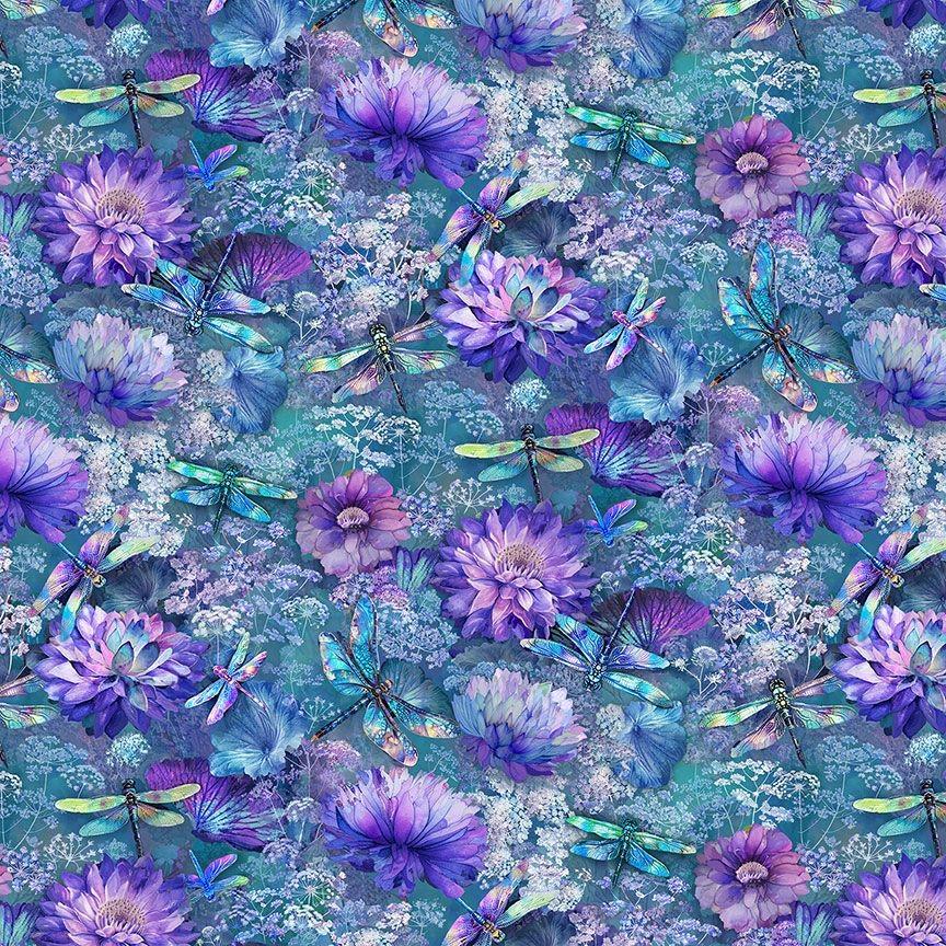 Dragonfly Mist Flying Dragonflies and Floral by Timeless Treasures NATURE-CD3894 Multi sold by the 1/2 yd.