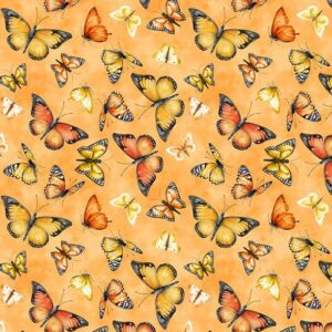 Dahlia Botanica Butterflies by Nancy Mink for Wilmington Prints 33926-858 Orange sold by the 1/2 yd.