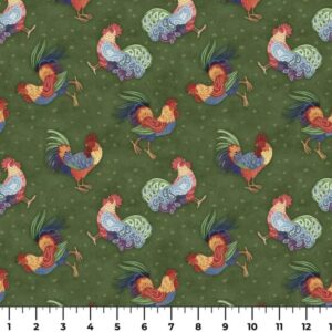 Calico Red Rooster Toss by Springs Creative 2035-0591 Green sold by the 1/2 yd.
