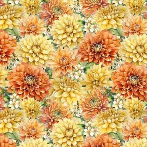 Dahlia Botanica Packed Floral by Nancy Mink for Wilmington Prints 33924-587 Yellow/Orange sold by the 1/2 yd.