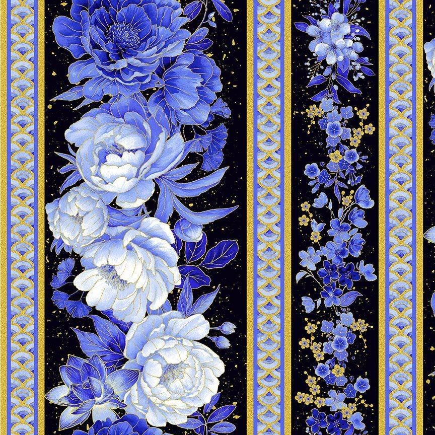 Moonlight Floral 11" Stripe Metallic by Chong-a Hwang for Timeless Treasures LOTUS-CM3982 Black sold by the 1/2 yd.