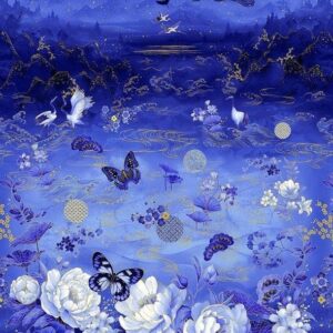 Moonlight Asian Panel  Metallic by Chong-a Hwang for Timeless Treasures LOTUS-CM3980 Ocean 24"X44"