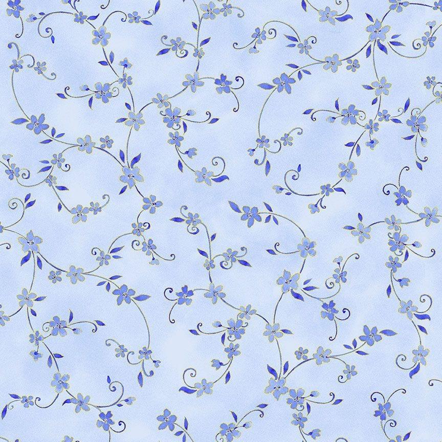 Moonlight Metallic Leaves Vines by Chong-a Hwang for Timeless Treasures LOTUS-CM3984 Sky sold by the 1/2 yd.