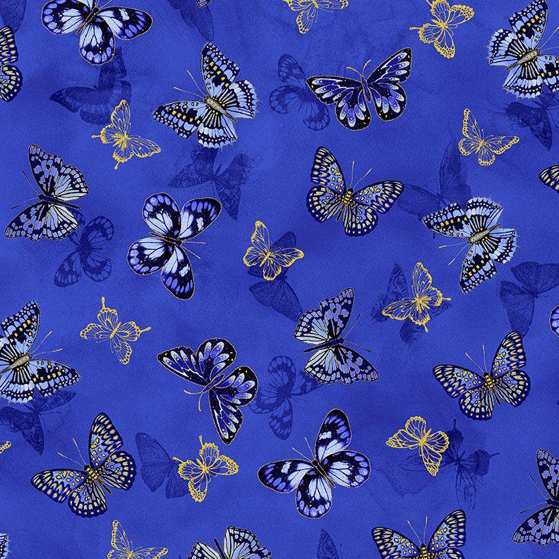 Moonlight Tossed Butterflies Metallic by Chong-a Hwang for Timeless Treasures LOTUS-CM3990 Royal sold by the 1/2 yd.