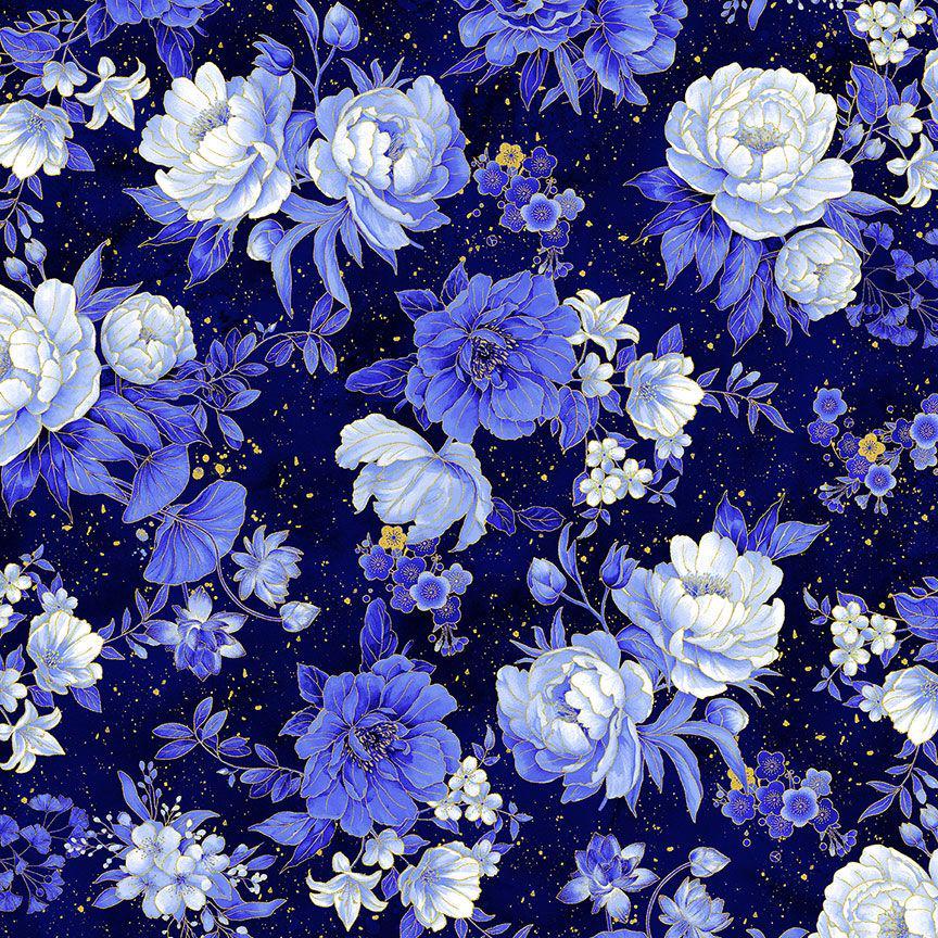 Moonlight Asian Floral Metallic by Chong-a Hwang for Timeless Treasures LOTUS-CM3981 Navy sold by the 1/2 yd.