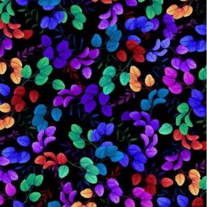 Hacienda Tossed Bright Leaves  by Chong-a Hwang for Timeless Treasures CD 3903 Black sold by the 1/2 yd.
