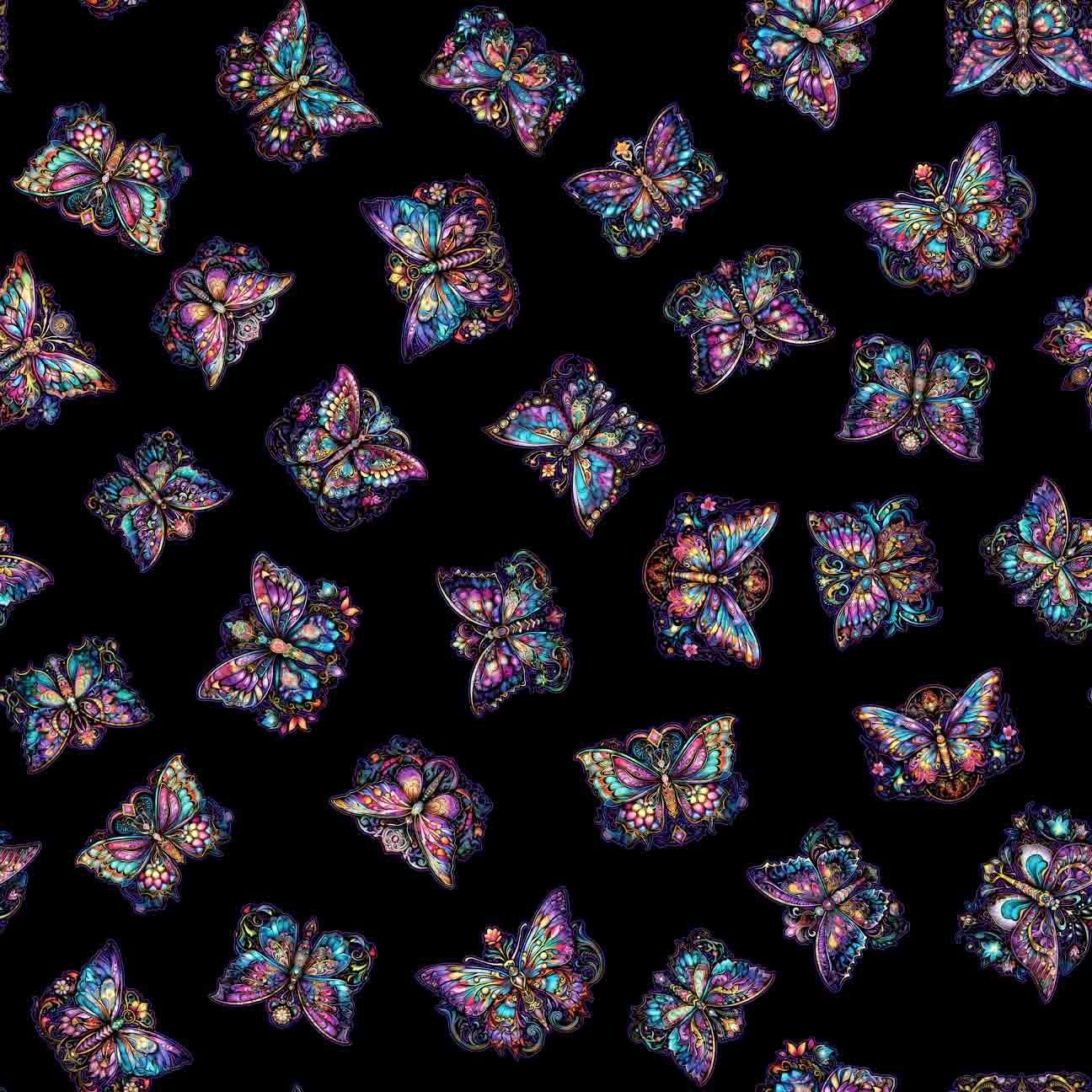 Night Flight Butterflies by Quilting Treasures 30753-J Black sold by the 1/2 yd.