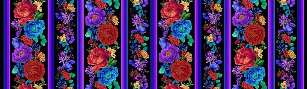 Hacienda Bright Floral Stripe 11"  by Chong-a Hwang for Timeless Treasures CD 3901 Bright sold by the 1/2 yd.