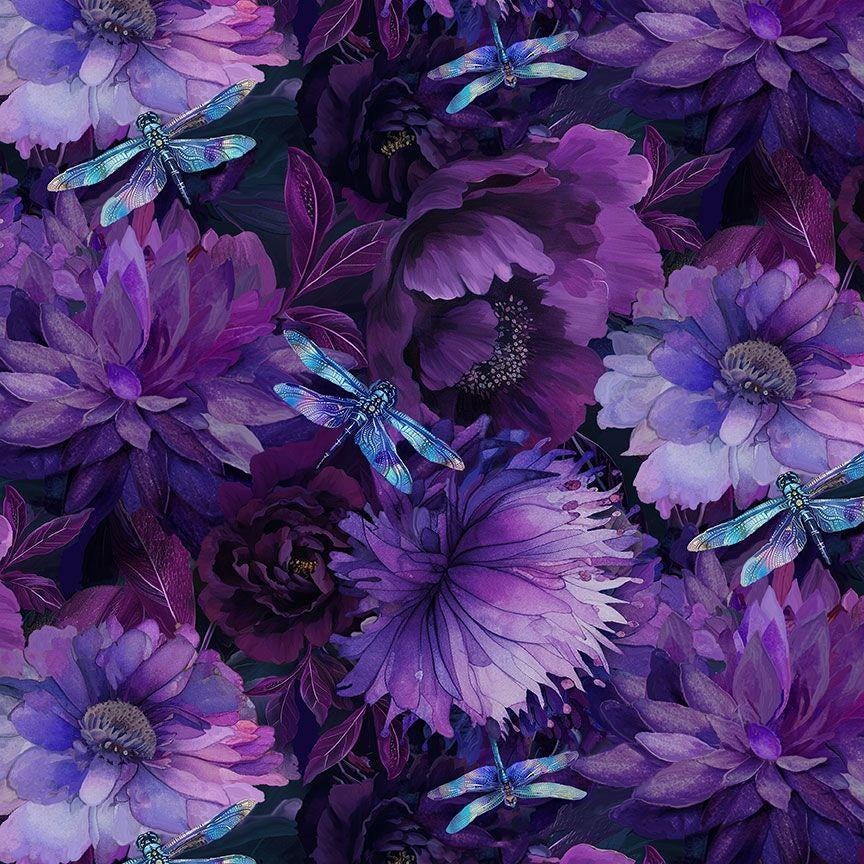 Dragonfly 108" Wide Dragonflies and Floral by Timeless Treasures NATURE-CD3892 Purple sold by the 1/2 yd.
