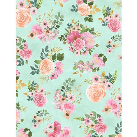 Peony Blossoms Border Stripe by Wilmington Prints 34712-737 Bouquet Toss Teal sold by the 1/2 yd.
