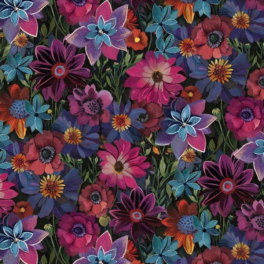 Calico Cat Forest Floral by Timeless Treasures CD4116 Black sold by the 1/2 yd.