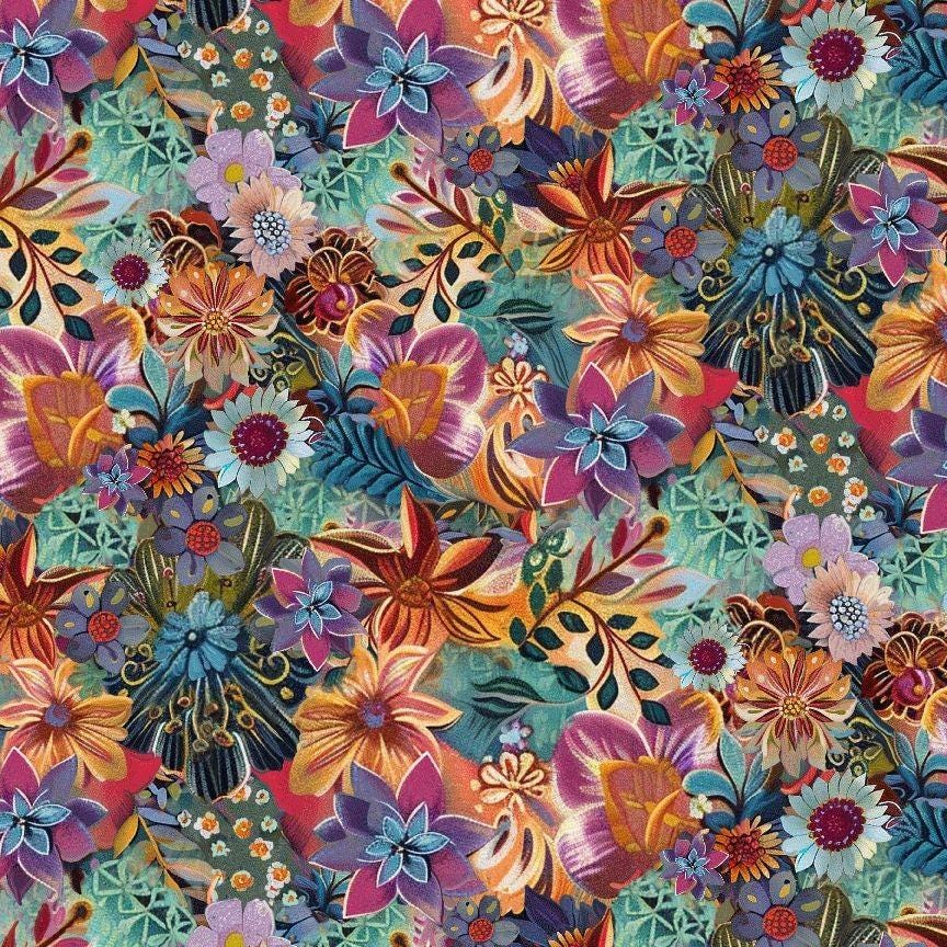 Calico Cat Boho Packed Floral Timeless Treasures CD4117 Sage sold by the 1/2 yd.